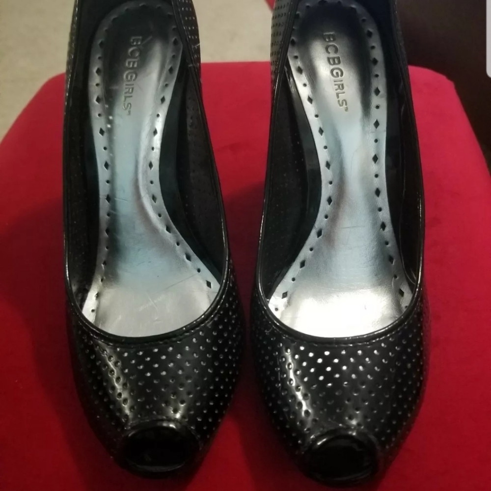 BCBGirls Black Patent Leather Wedge Sandals Size10